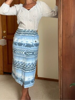 Susan Bristol Blue Patterned Midi Wrap Skirt